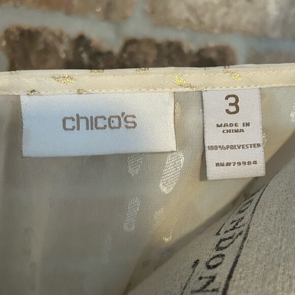 Chicos lustrous dot Quin top keyhole neckline cream gold sz 3 dressy flowy XL 16 - Picture 8 of 10